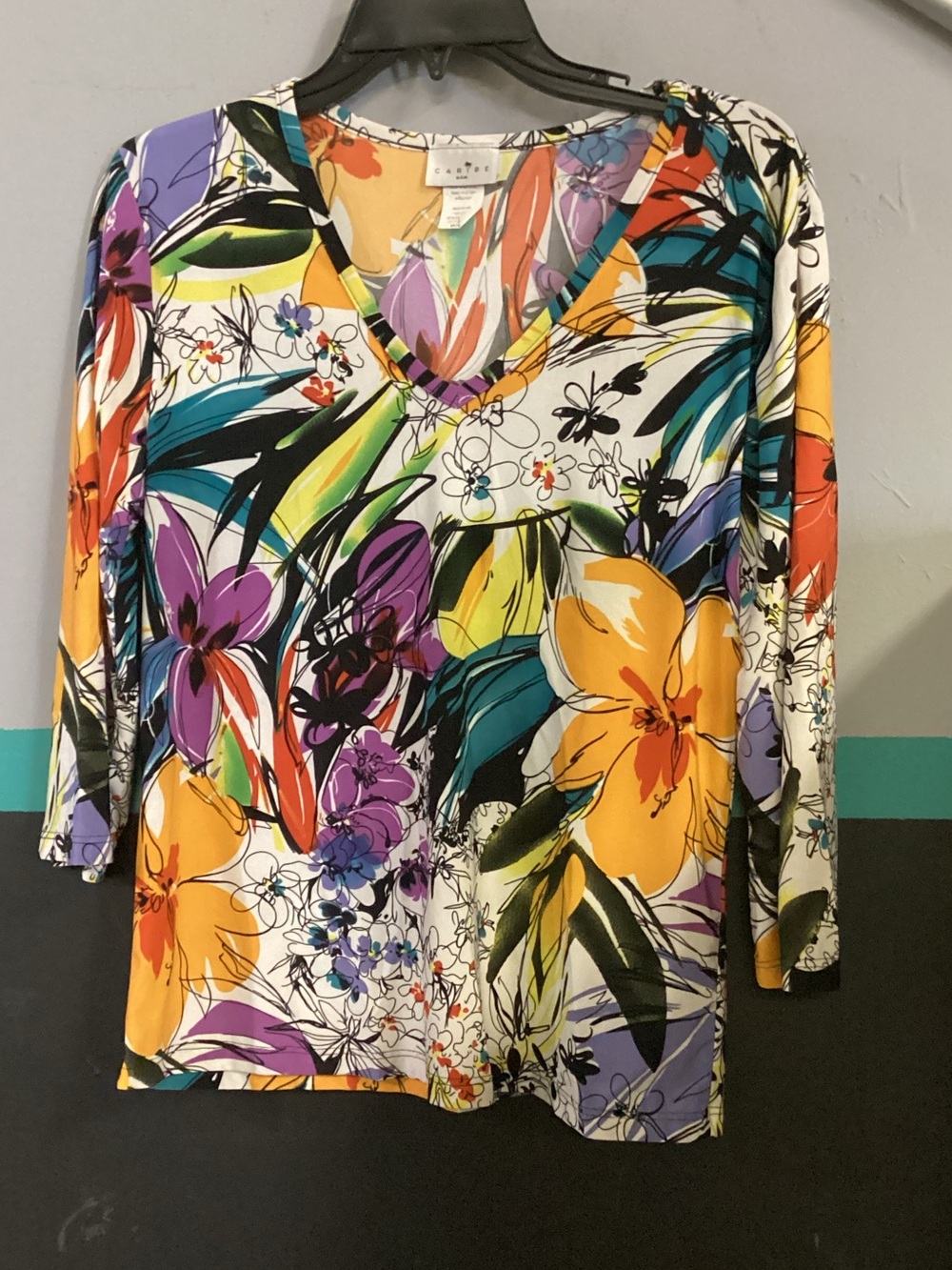 Caribe Multicolor Floral V-Neck Tunic in Yellow, Purple, Green, Orange, Black